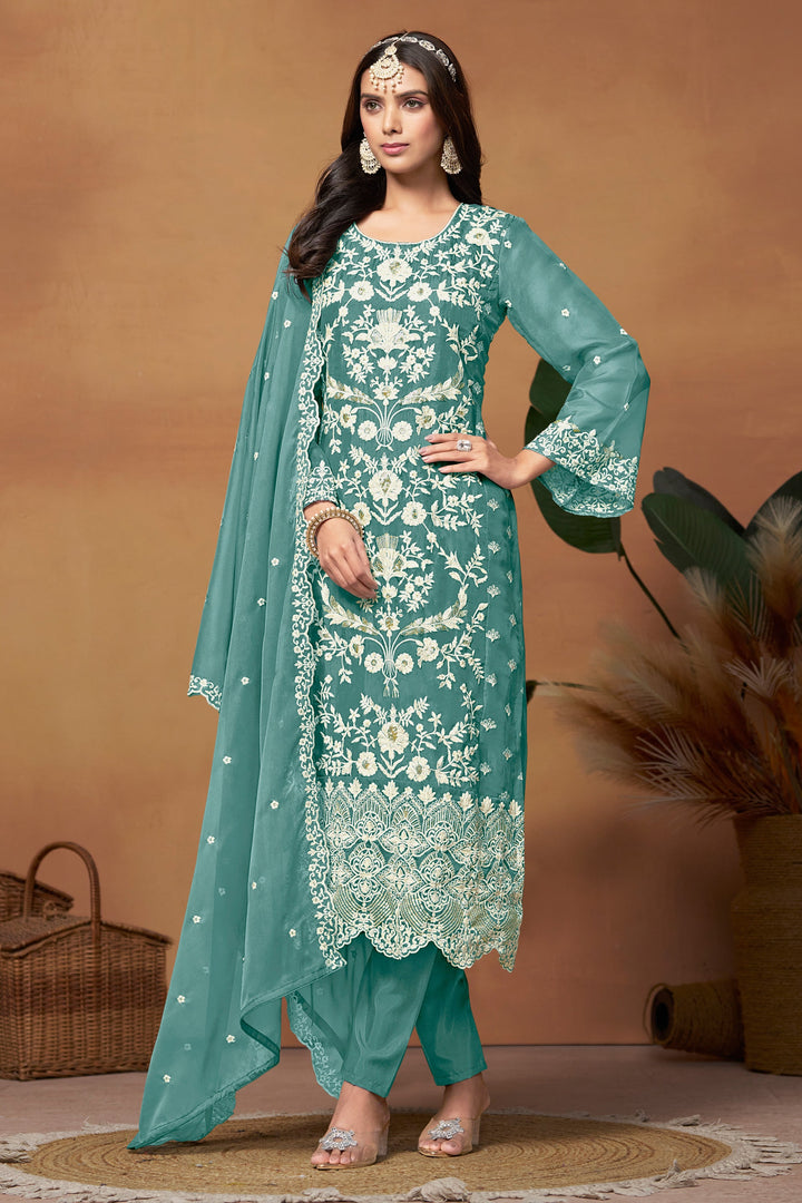 Engaging Sea Green Color Organza Fabric Function Wear Salwar Suit | Buy Online India