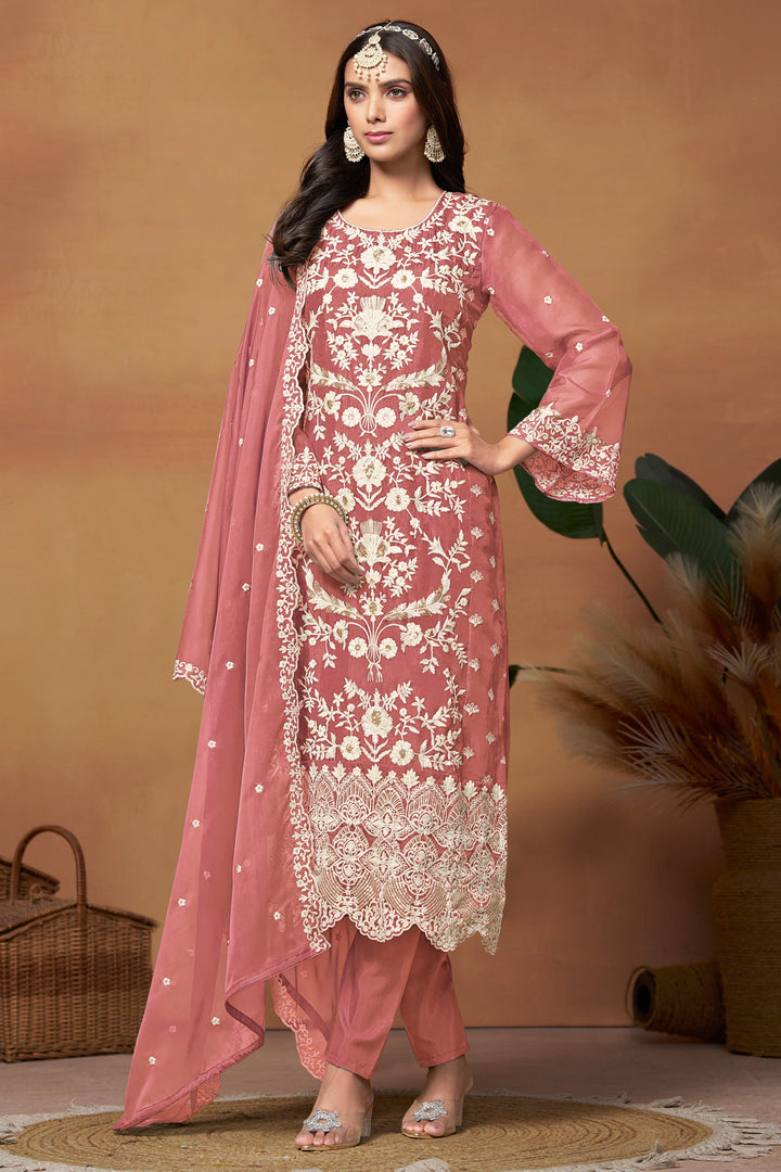 Classic Peach Color Function Wear Salwar Suit In Organza Fabric | Buy Online India