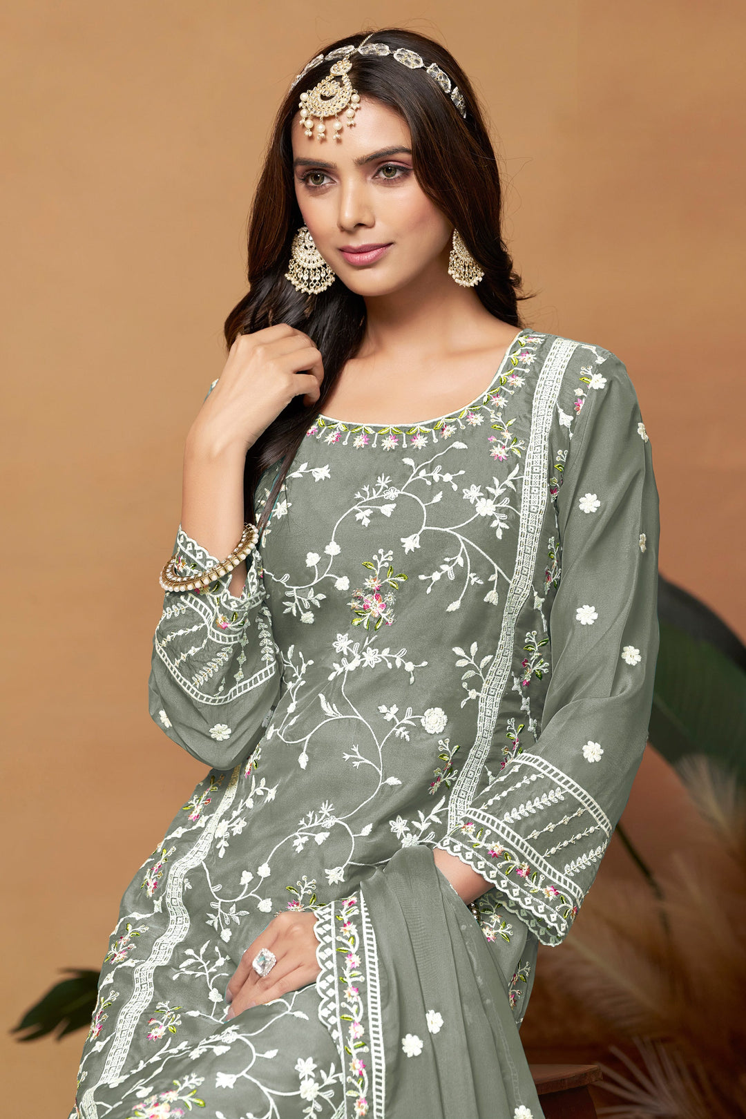 Grey Color Organza Fabric Tempting Embroidered Salwar Suit | Buy Online India