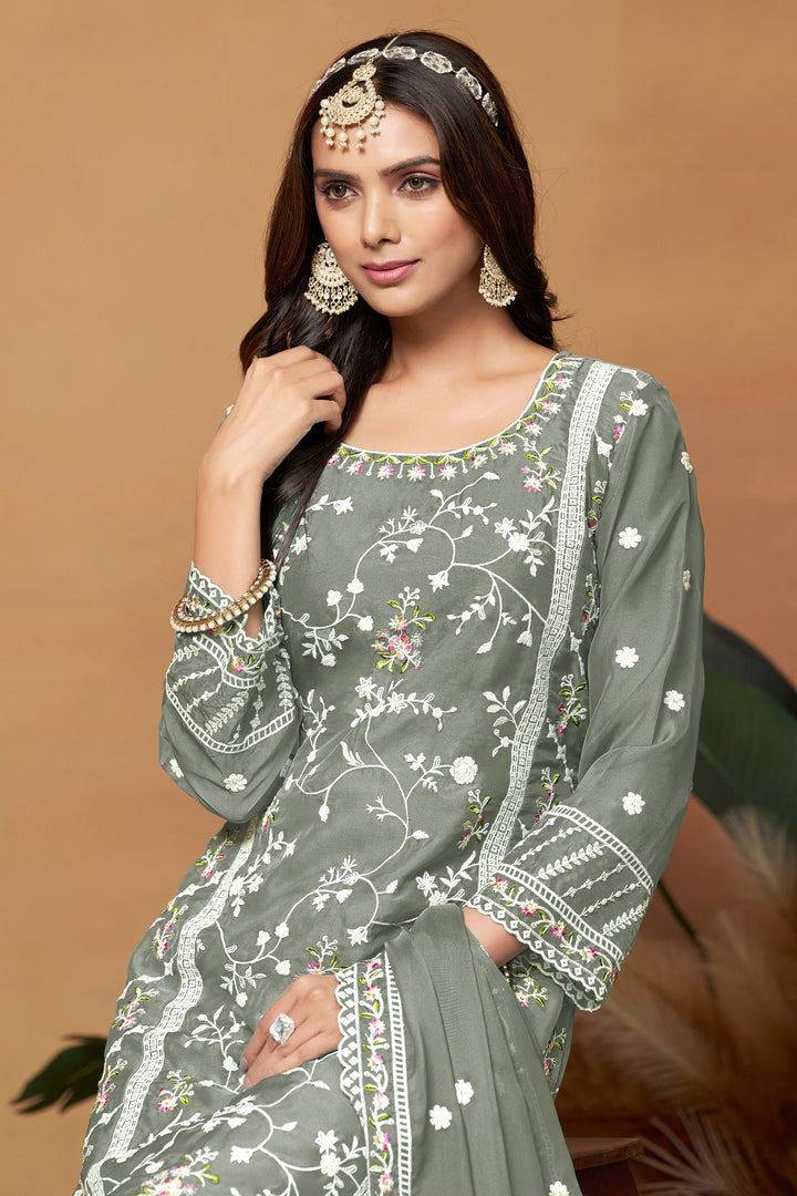 Grey Color Organza Fabric Tempting Embroidered Salwar Suit | Buy Online India