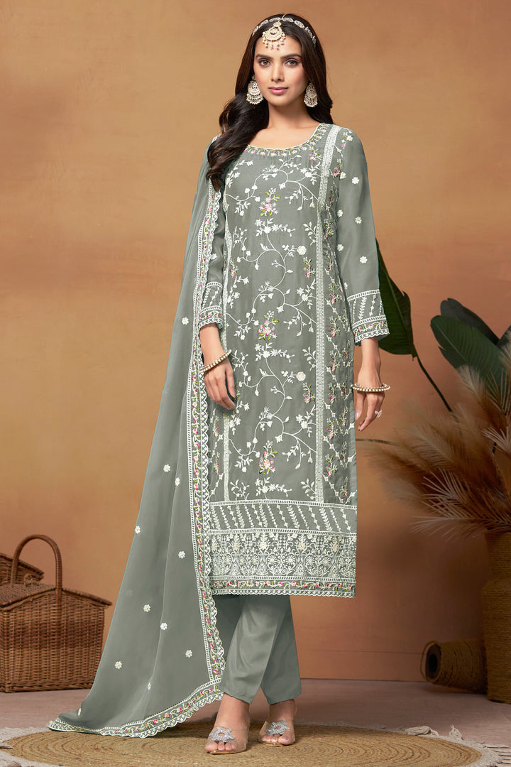 Grey Color Organza Fabric Tempting Embroidered Salwar Suit | Buy Online India