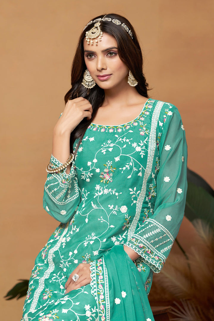Organza Fabric Sea Green Color Supreme Embroidered Salwar Suit | Buy Online India