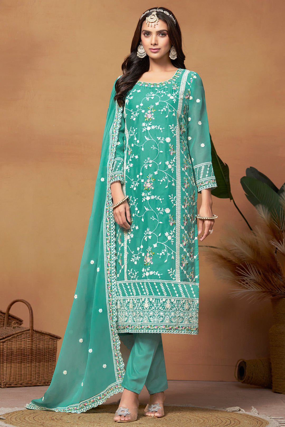 Organza Fabric Sea Green Color Supreme Embroidered Salwar Suit | Buy Online India