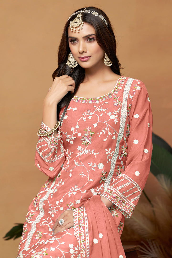 Alluring Organza Fabric Peach Color Embroidered Salwar Suit | Buy Online India