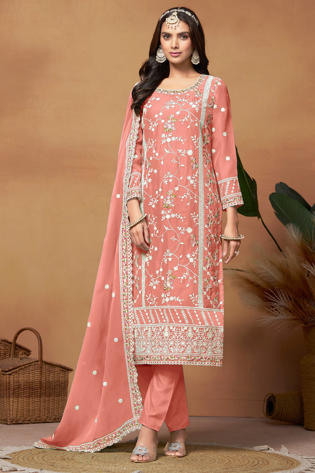 Alluring Organza Fabric Peach Color Embroidered Salwar Suit | Buy Online India