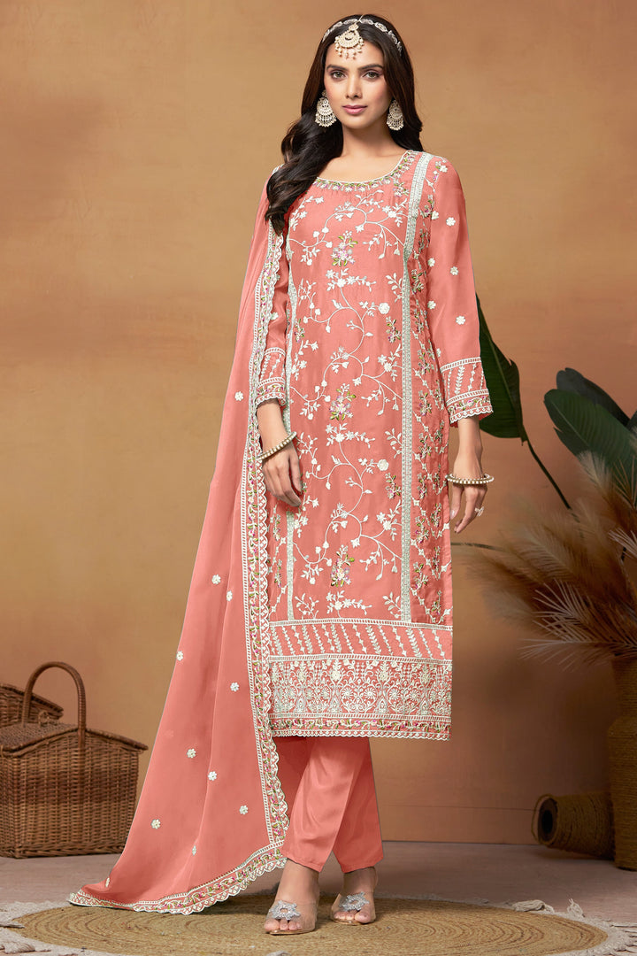 Alluring Organza Fabric Peach Color Embroidered Salwar Suit | Buy Online India