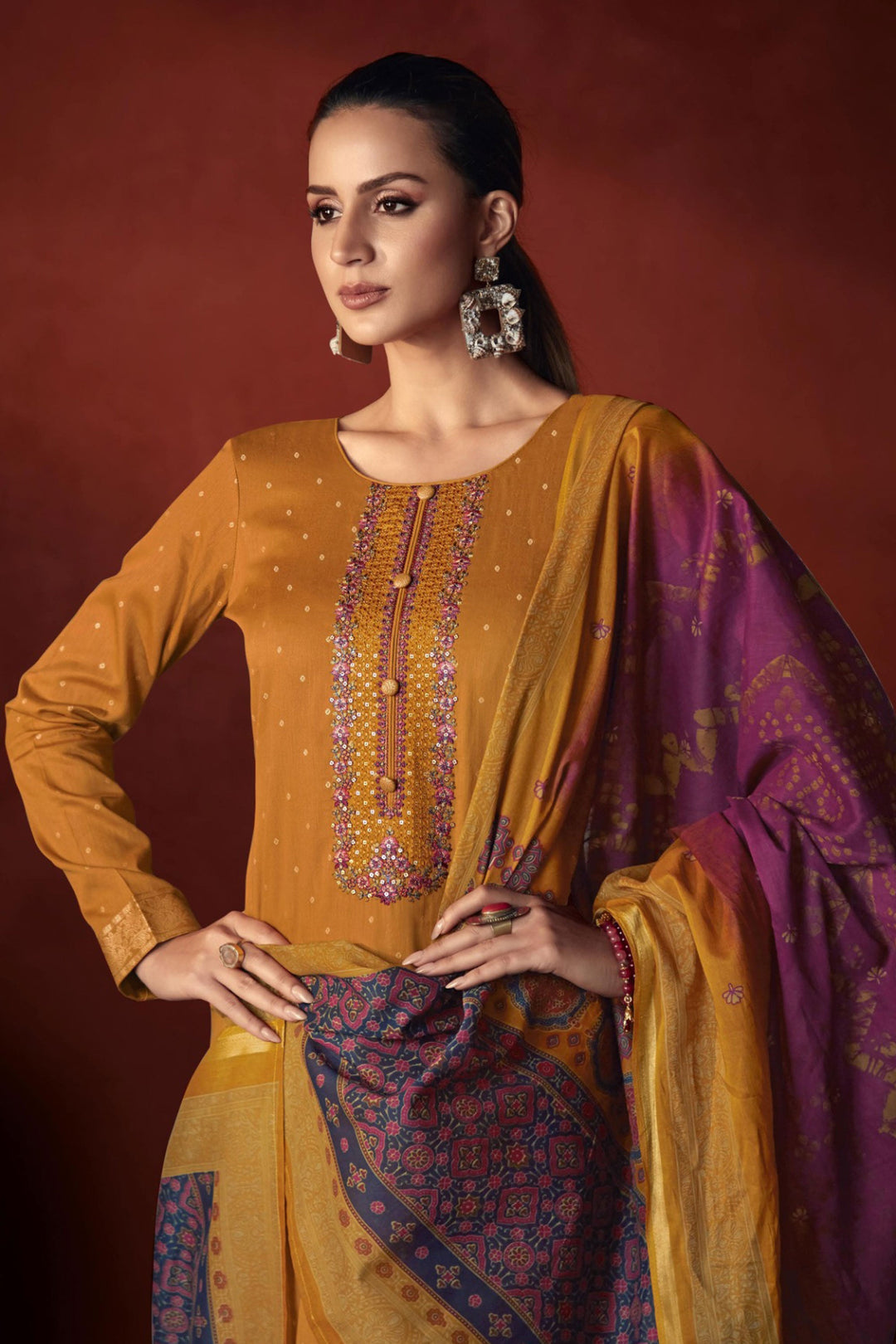 Embroidered Mustard Color Inventive Salwar Suit In Viscose Fabric | Buy Online India