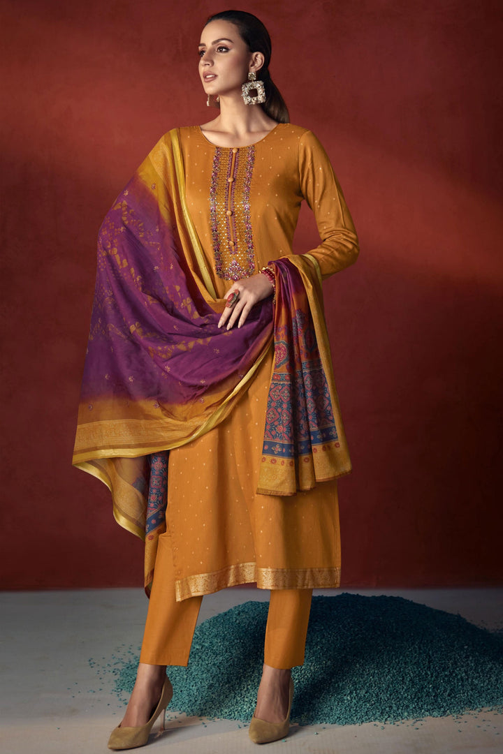Embroidered Mustard Color Inventive Salwar Suit In Viscose Fabric | Buy Online India