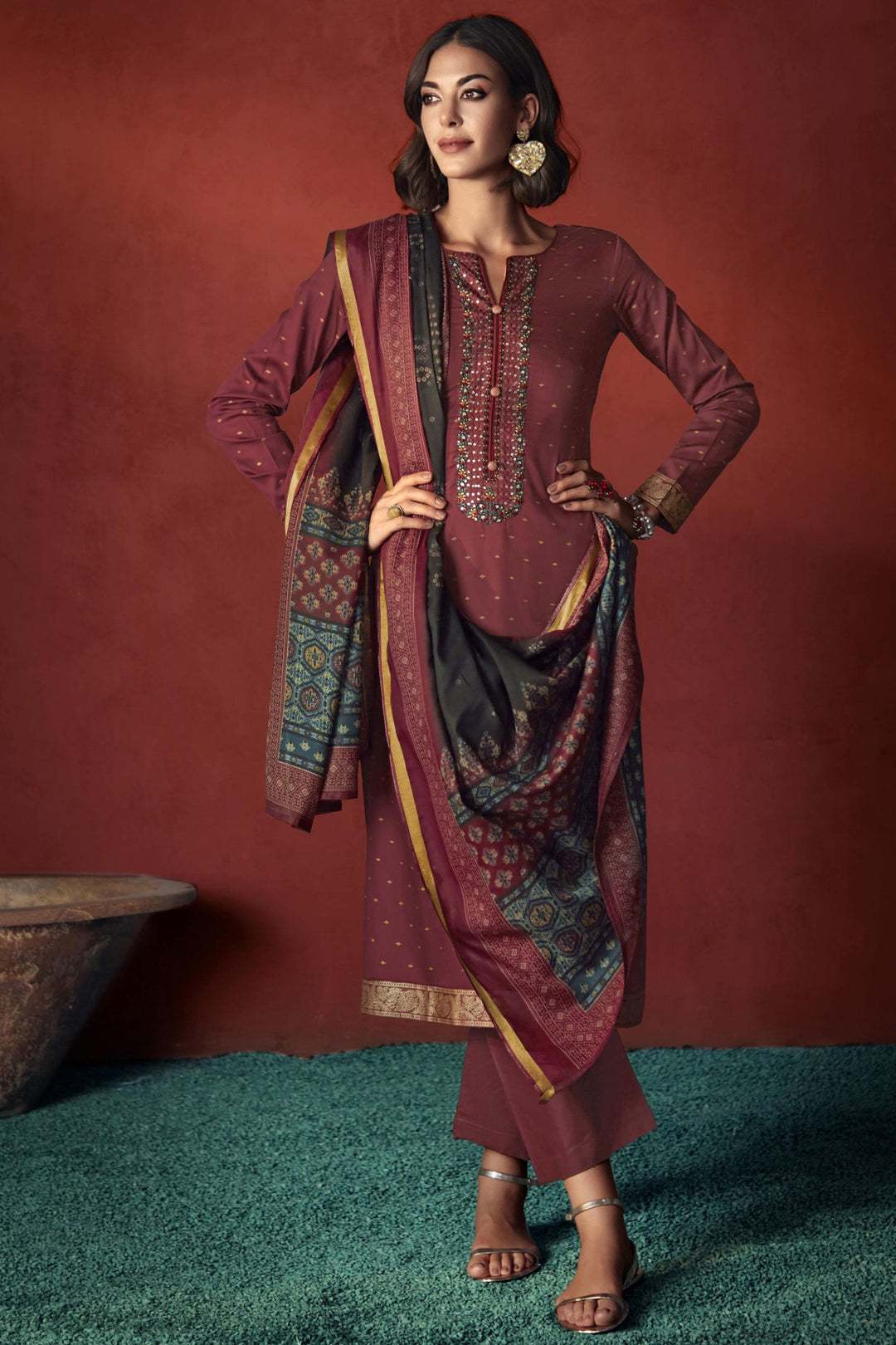 Viscose Fabric Brown Color Embroidered Elegant Salwar Suit | Buy Online India