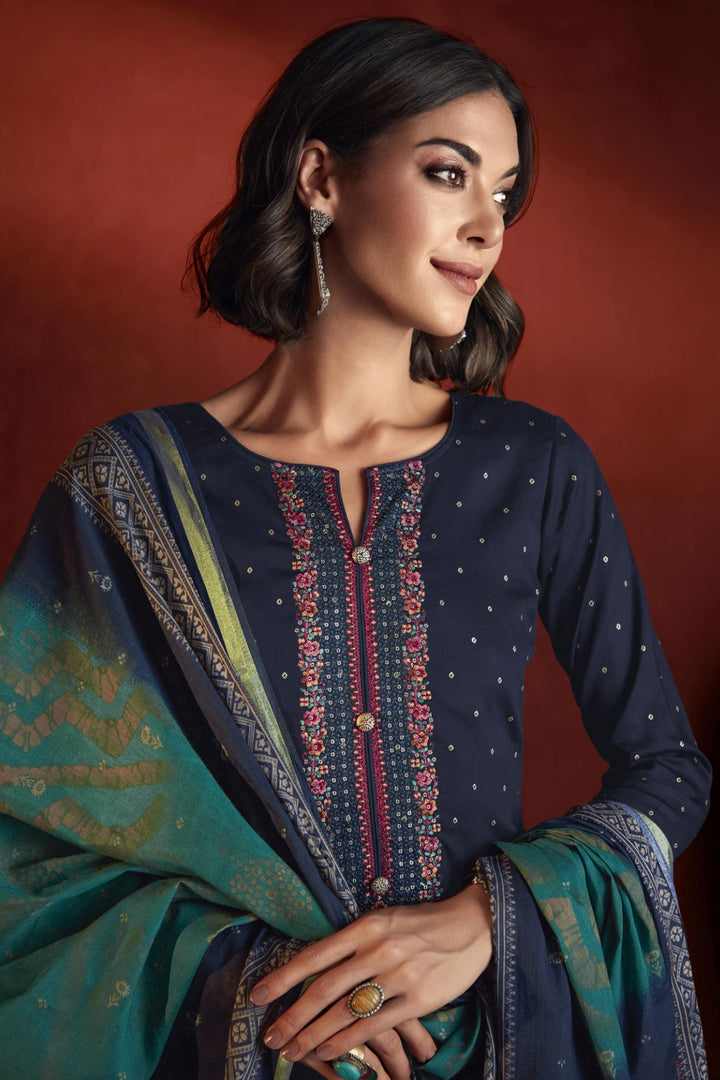 Viscose Fabric Embroidered Lovely Salwar Suit In Navy Blue Color | Buy Online India