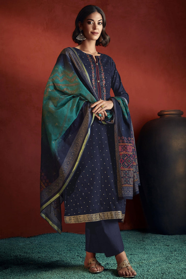 Viscose Fabric Embroidered Lovely Salwar Suit In Navy Blue Color | Buy Online India