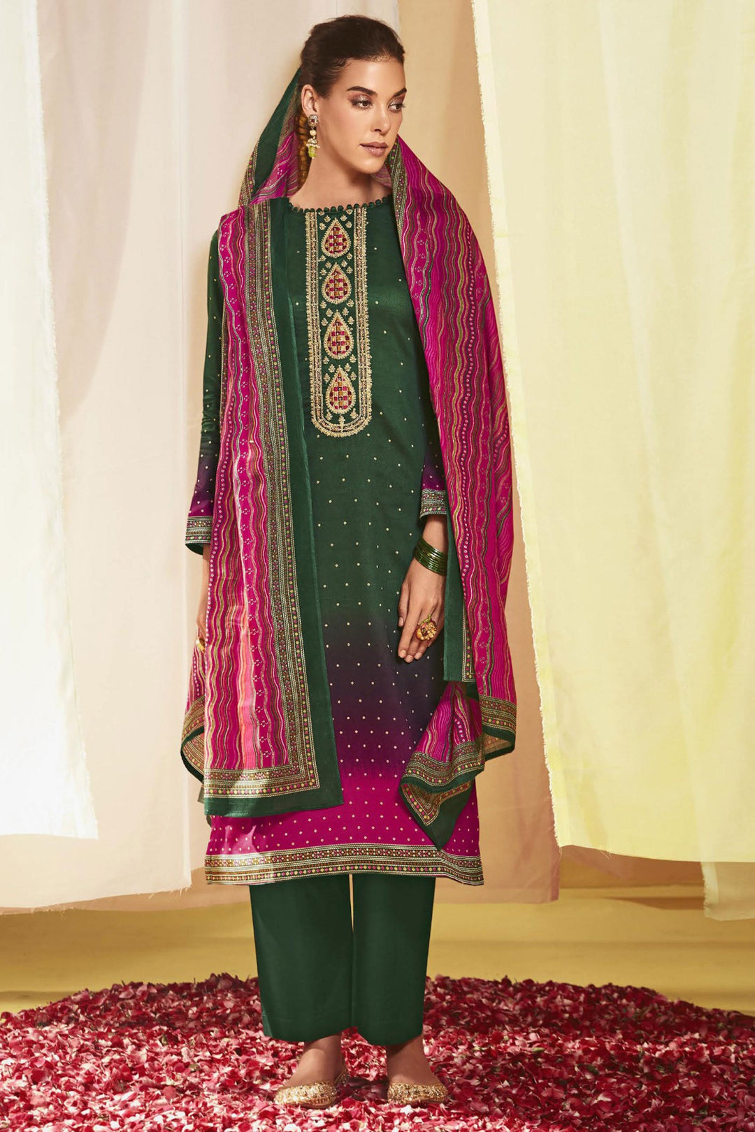 Satin Fabric Green Color Printed Winsome Salwar Suit | Buy Online India