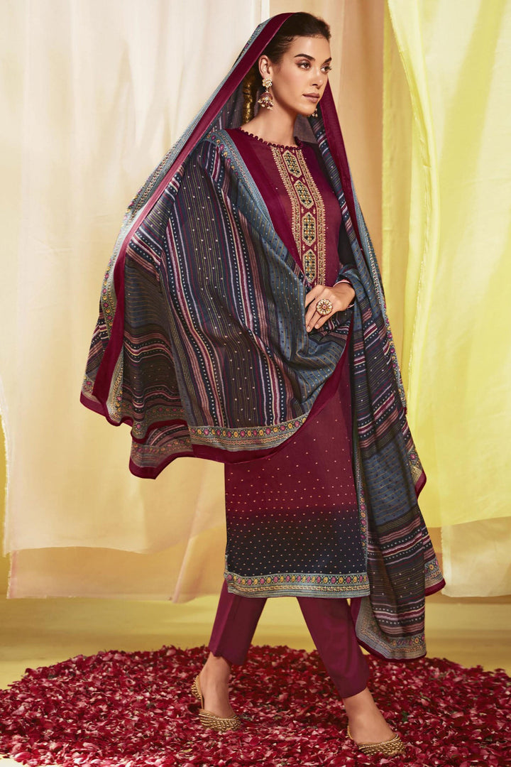 Maroon Color Satin Fabric Printed Work Tempting Salwar Suit | Buy Online India