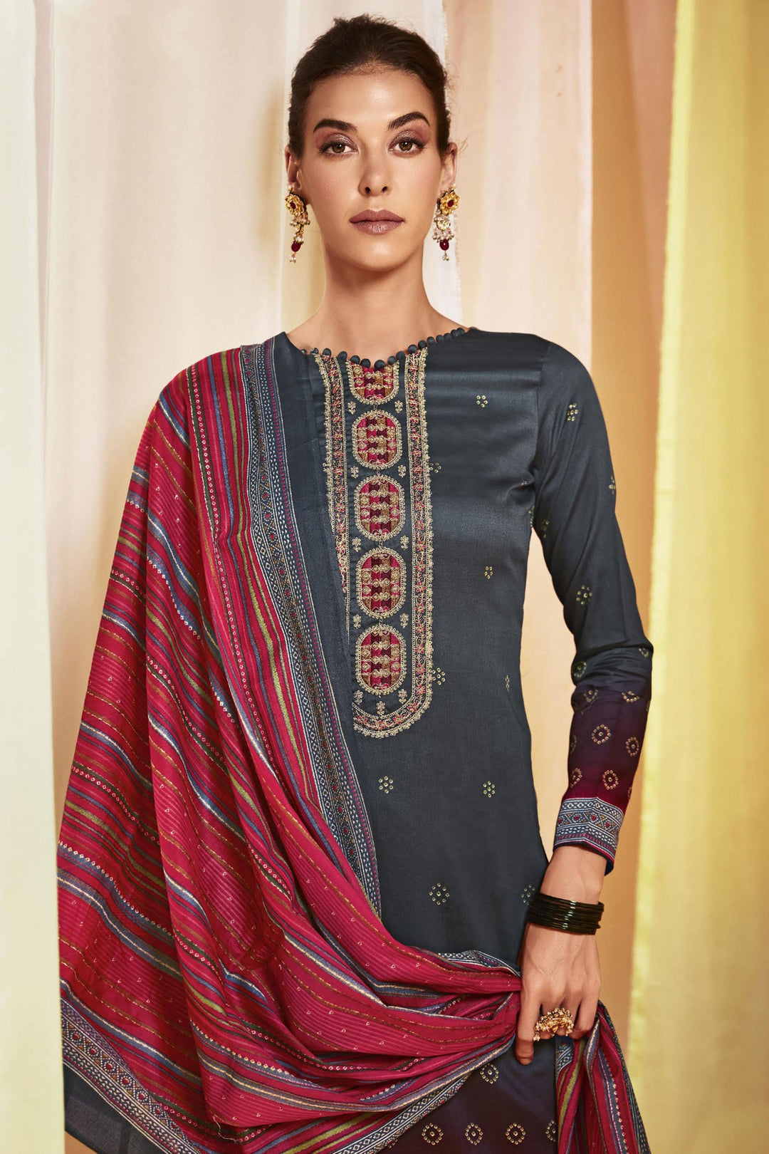 Satin Fabric Printed Beatific Salwar Suit In Grey Color | Buy Online India