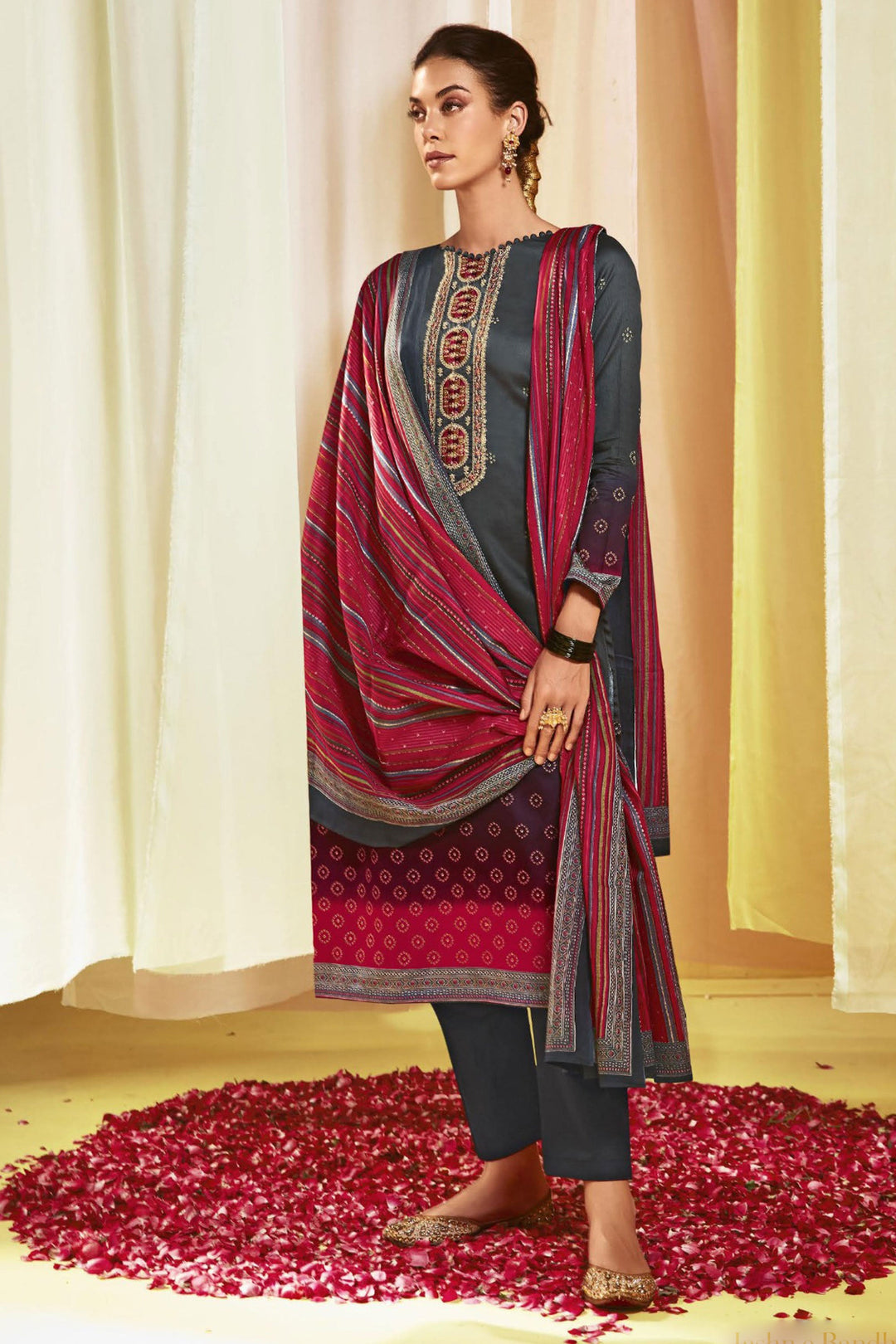 Satin Fabric Printed Beatific Salwar Suit In Grey Color | Buy Online India