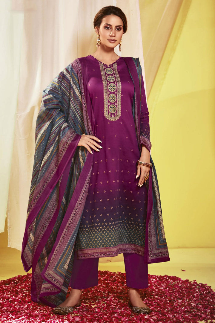 Printed Work Wine Color Inventive Salwar Suit In Satin Fabric | Buy Online India
