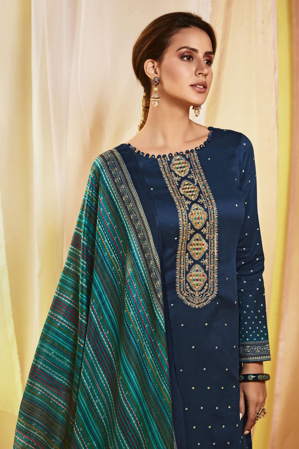 Navy Blue Color Satin Fabric Alluring Printed Salwar Suit | Buy Online India