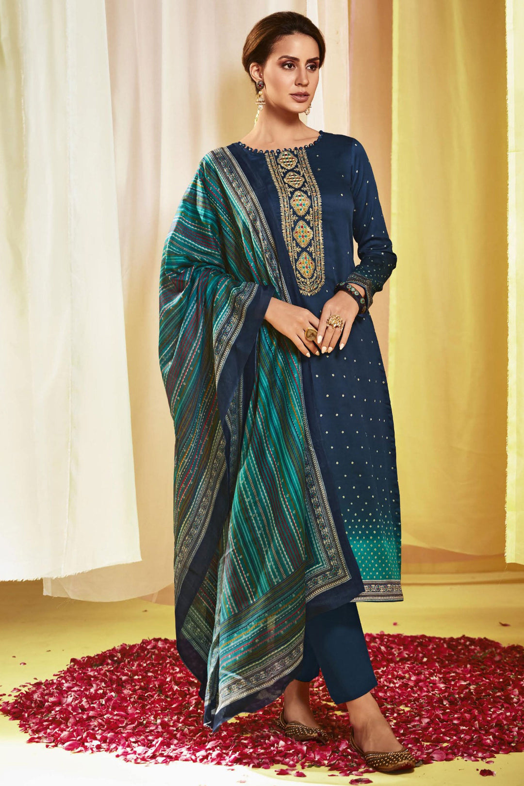 Navy Blue Color Satin Fabric Alluring Printed Salwar Suit | Buy Online India