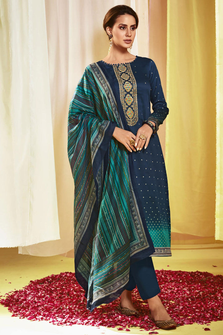 Navy Blue Color Satin Fabric Alluring Printed Salwar Suit | Buy Online India
