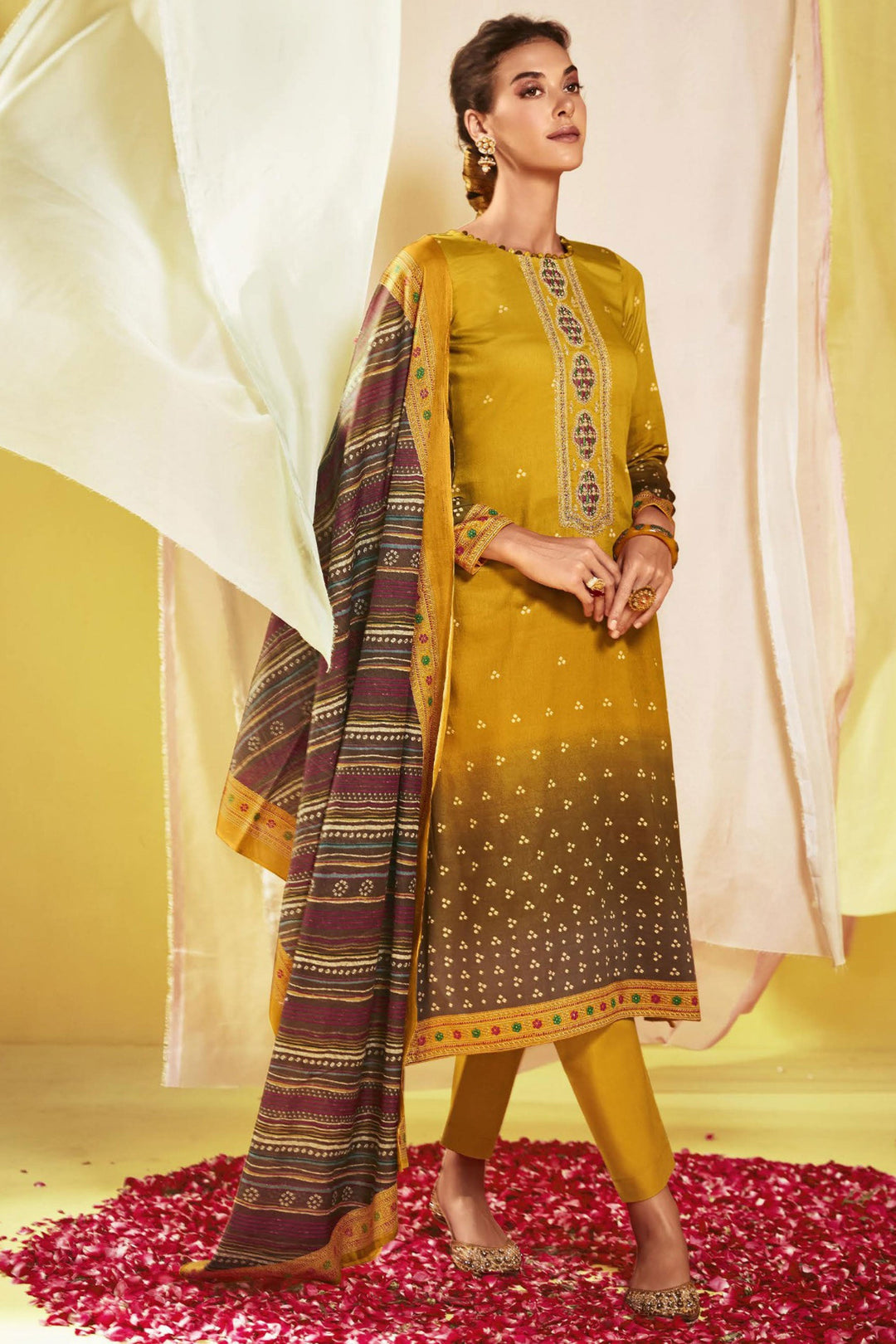 Satin Fabric Yellow Color Printed Elegant Salwar Suit | Buy Online India