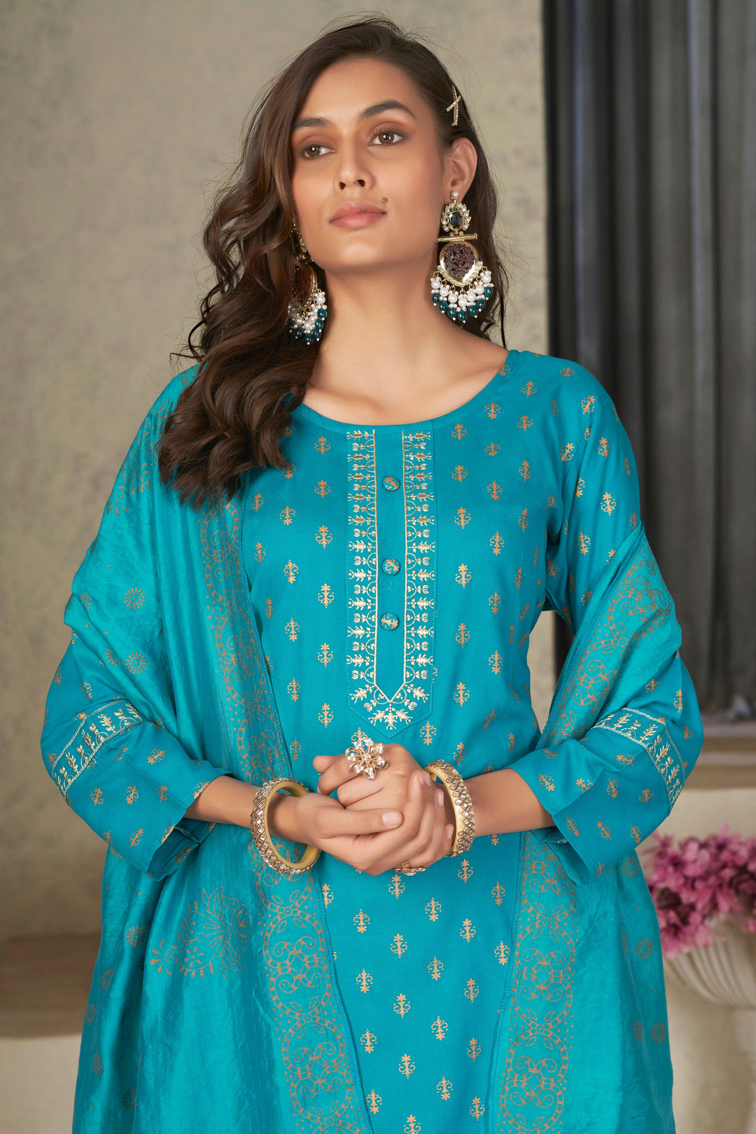 Festival Wear Captivating Rayon Fabric Readymade Salwar Suit In Cyan Color | Buy Online India