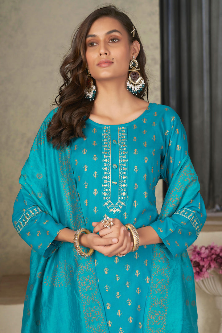 Festival Wear Captivating Rayon Fabric Readymade Salwar Suit In Cyan Color | Buy Online India