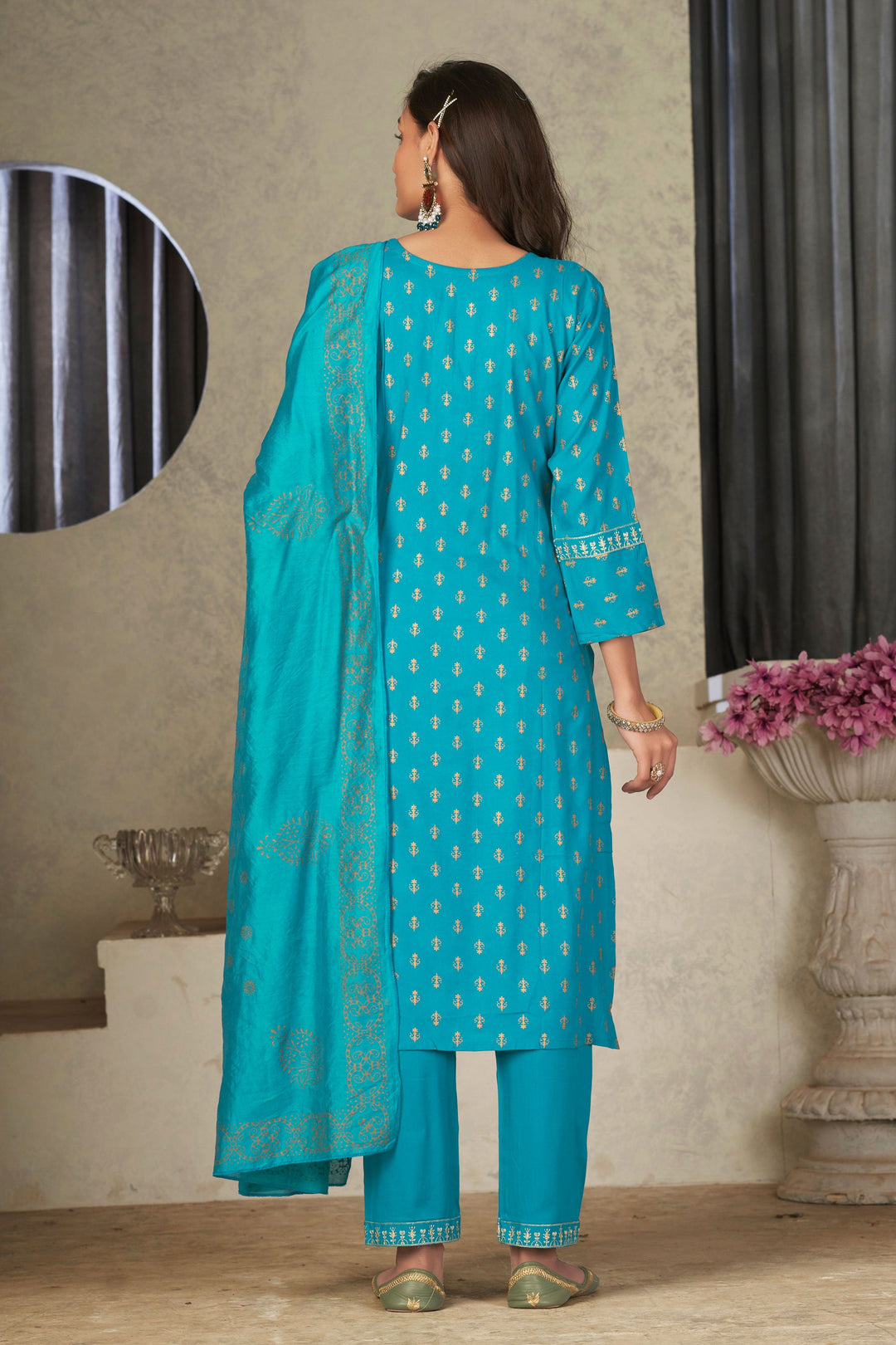 Festival Wear Captivating Rayon Fabric Readymade Salwar Suit In Cyan Color | Buy Online India