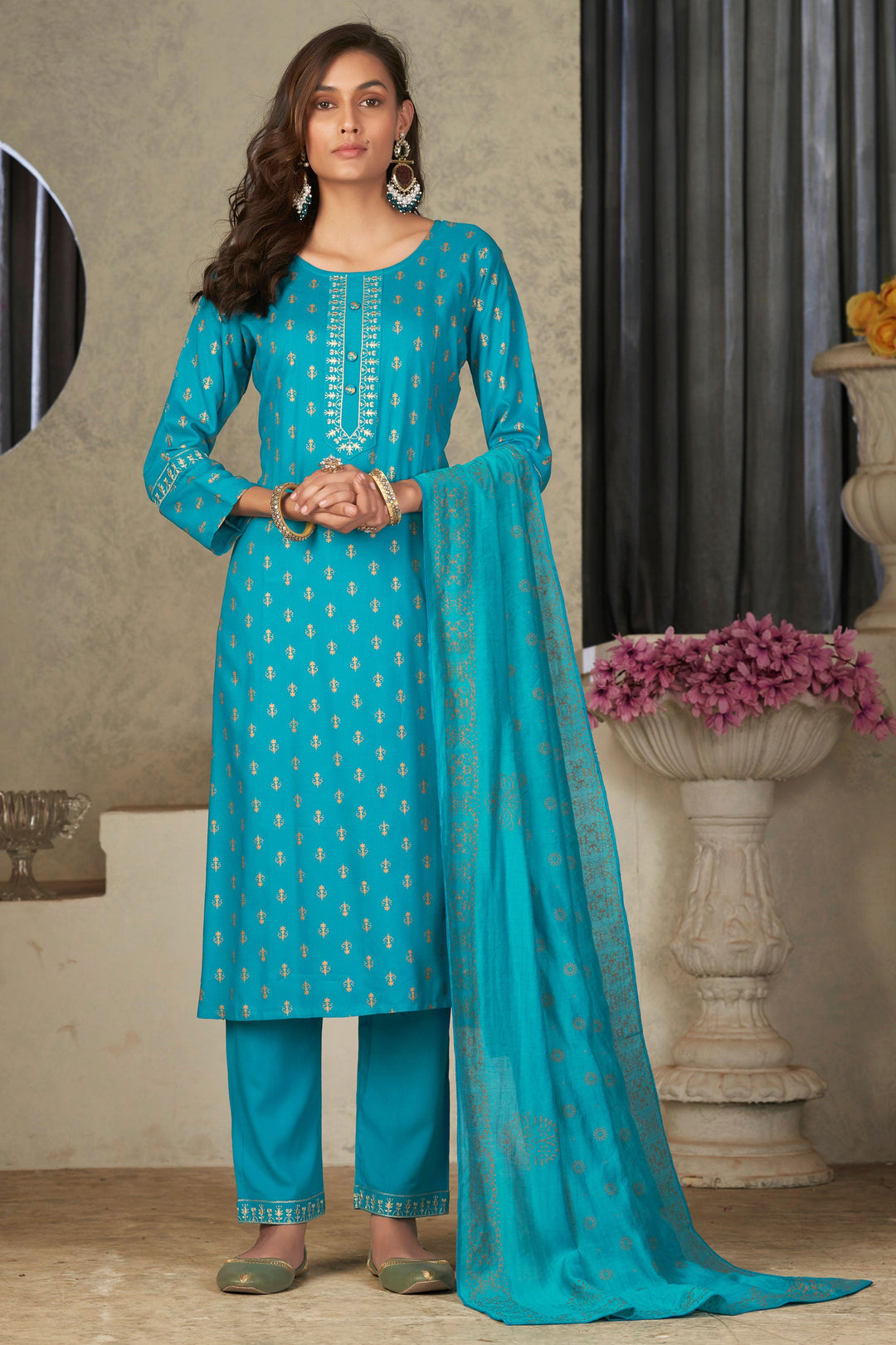 Festival Wear Captivating Rayon Fabric Readymade Salwar Suit In Cyan Color | Buy Online India