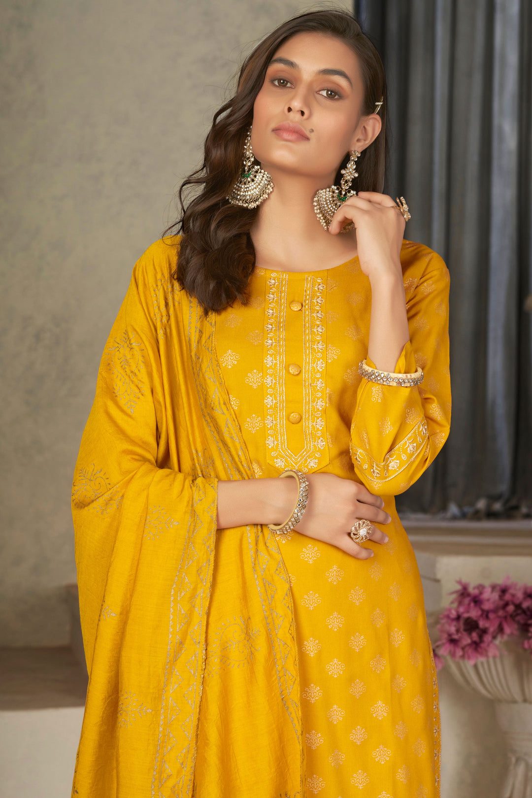 Appealing Festival Wear Rayon Fabric Readymade Salwar Suit In Yellow Color | Buy Online India