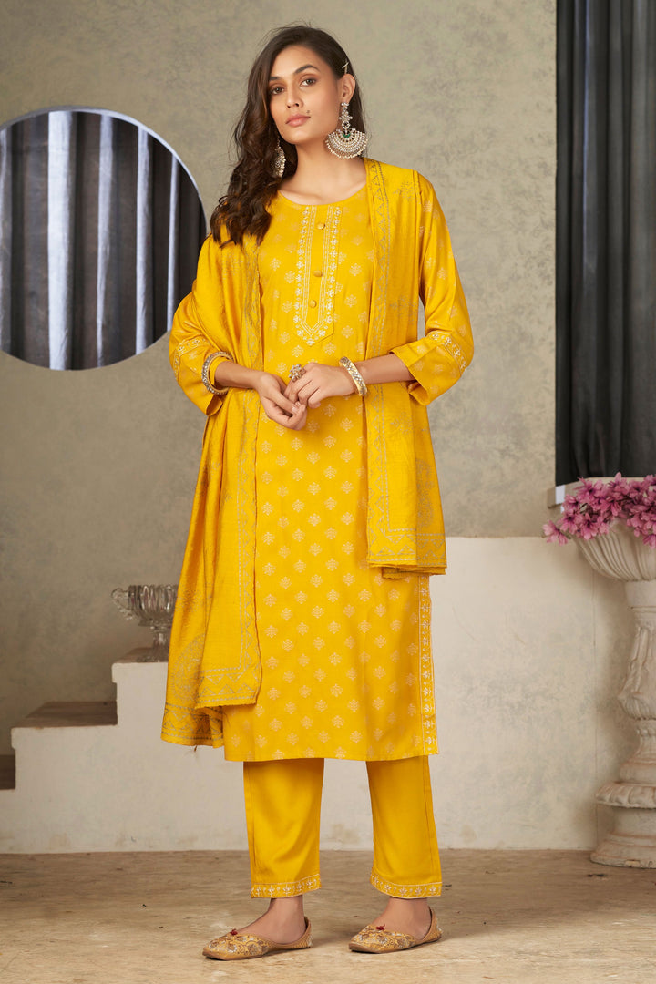 Appealing Festival Wear Rayon Fabric Readymade Salwar Suit In Yellow Color | Buy Online India
