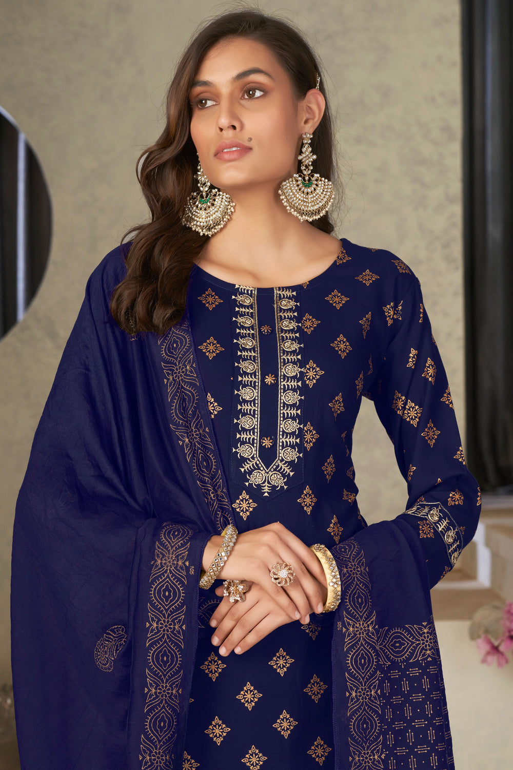 Festival Wear Flamboyant Rayon Fabric Readymade Salwar Suit In Navy Blue Color | Buy Online India