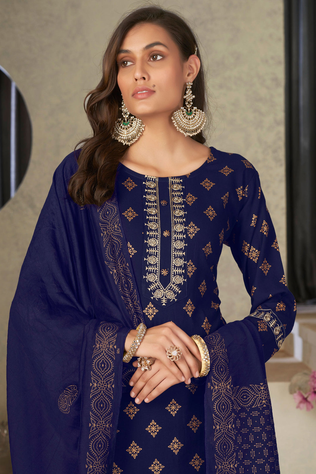 Festival Wear Flamboyant Rayon Fabric Readymade Salwar Suit In Navy Blue Color | Buy Online India
