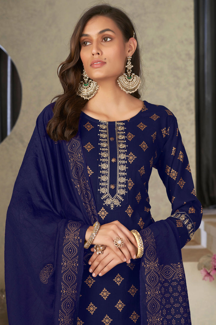 Festival Wear Flamboyant Rayon Fabric Readymade Salwar Suit In Navy Blue Color | Buy Online India
