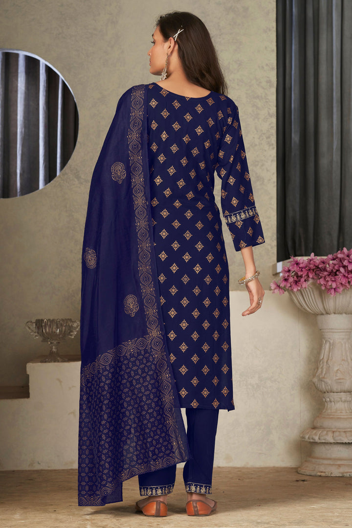 Festival Wear Flamboyant Rayon Fabric Readymade Salwar Suit In Navy Blue Color | Buy Online India