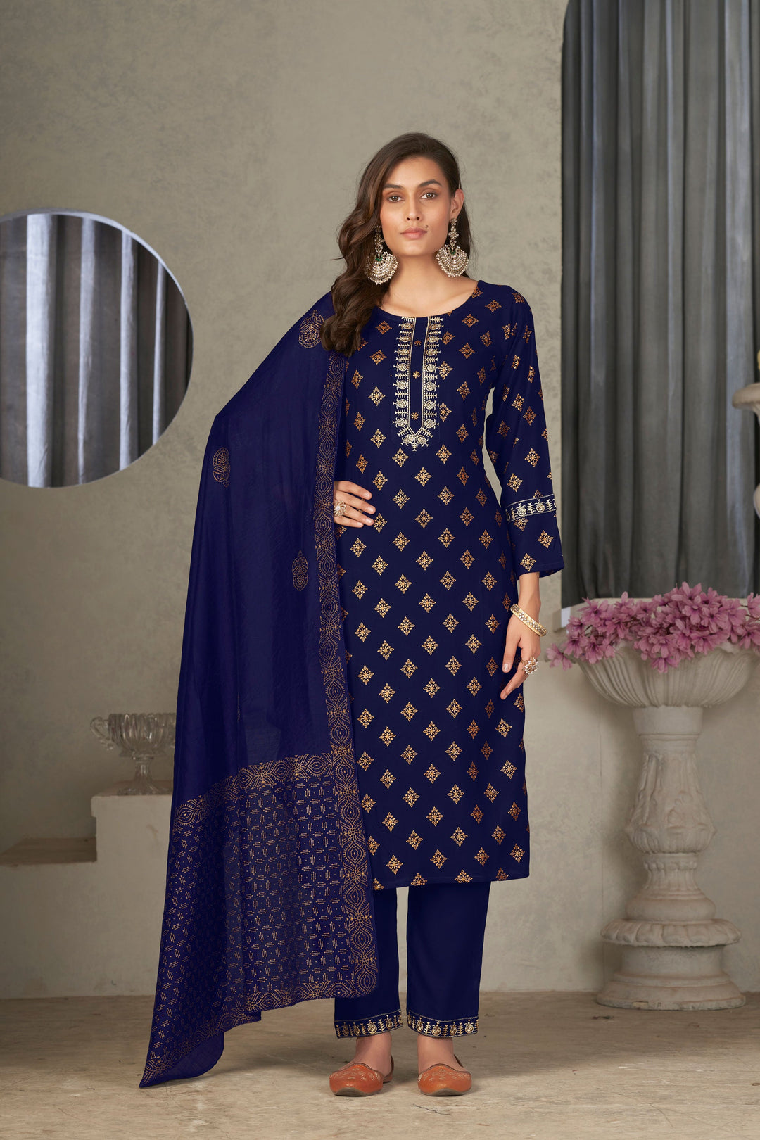 Festival Wear Flamboyant Rayon Fabric Readymade Salwar Suit In Navy Blue Color | Buy Online India