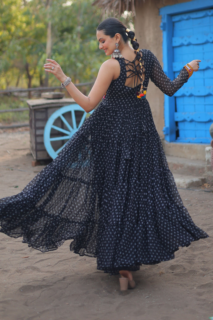 Bandhani Printed Black Color Glorious Readymade Long Gown In Georgette Fabric | Buy Online India