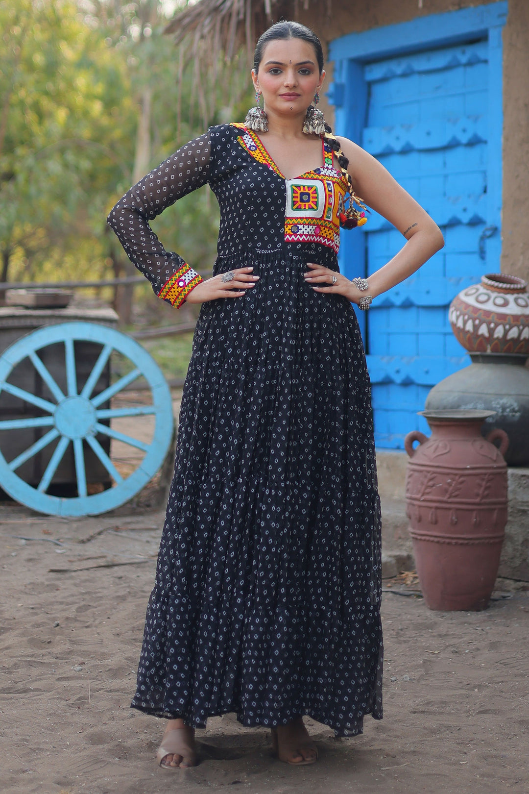 Bandhani Printed Black Color Glorious Readymade Long Gown In Georgette Fabric | Buy Online India