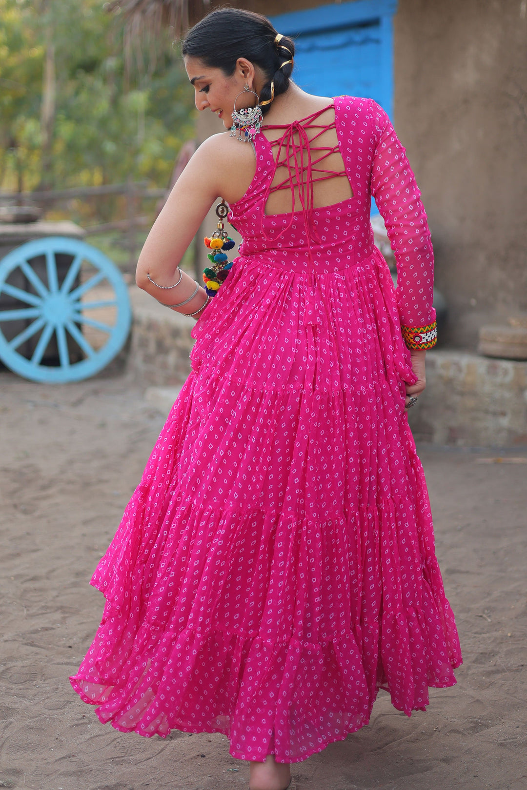 Georgette Fabric Bandhani Printed Luminous Readymade Long Gown In Pink Color | Buy Online India