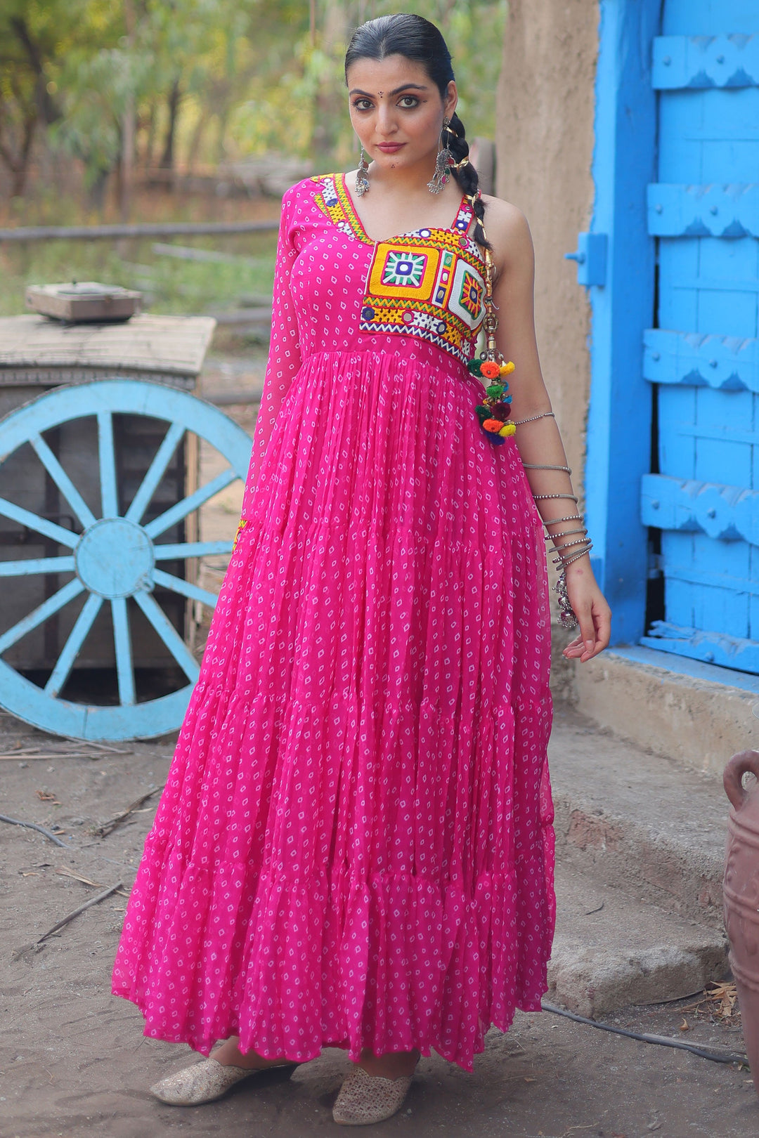 Georgette Fabric Bandhani Printed Luminous Readymade Long Gown In Pink Color | Buy Online India