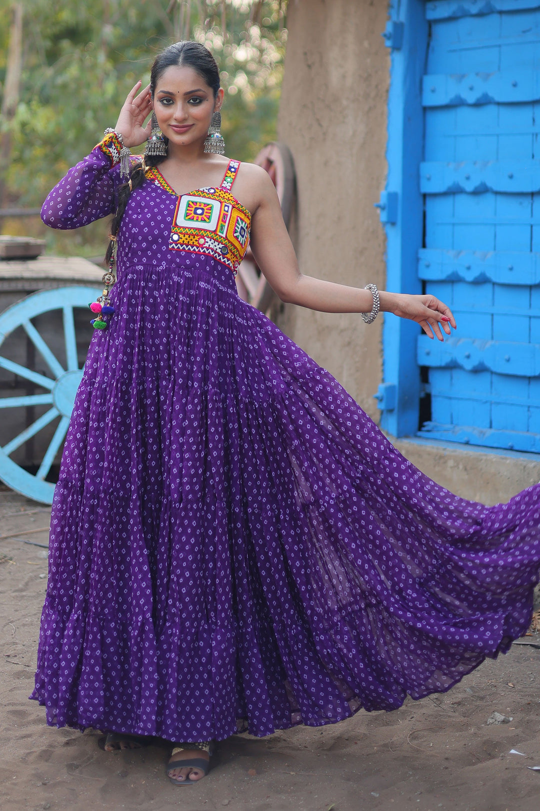 Georgette Fabric Bandhani Printed Charismatic Readymade Long Gown In Purple Color | Buy Online India