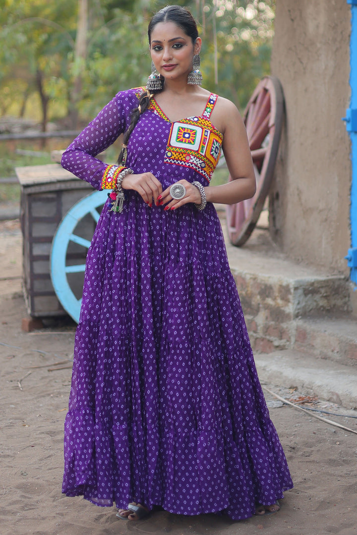 Georgette Fabric Bandhani Printed Charismatic Readymade Long Gown In Purple Color | Buy Online India