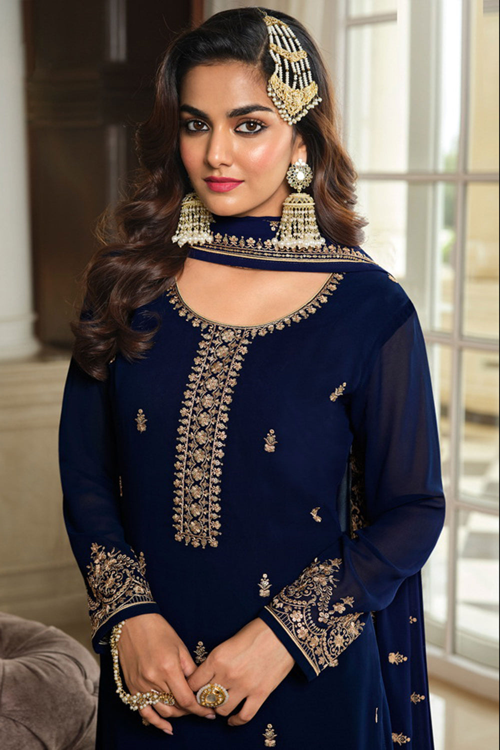 Creative Embroidered Work On Navy Blue Color Georgette Fabric Palazzo Suit | Buy Online India