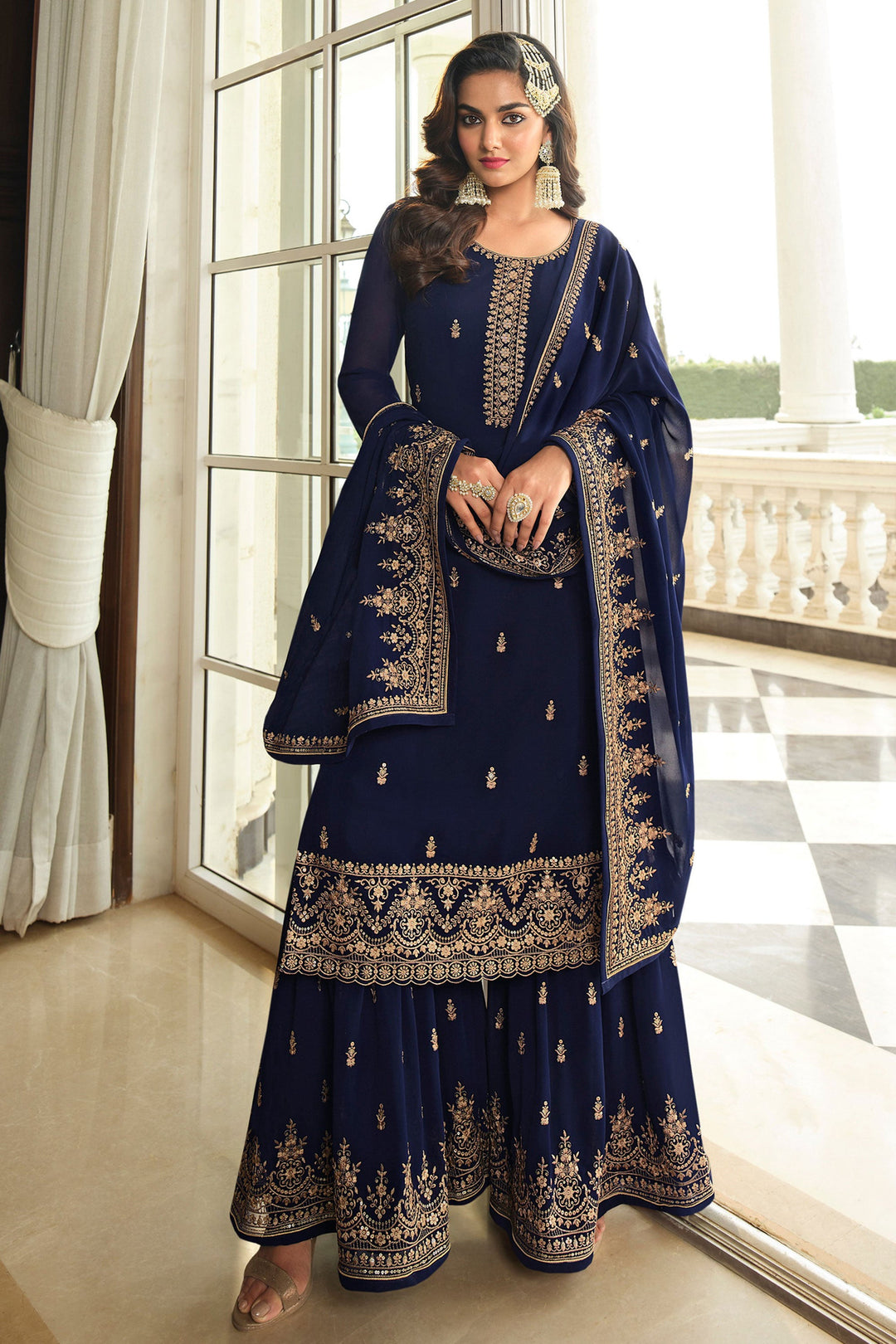 Creative Embroidered Work On Navy Blue Color Georgette Fabric Palazzo Suit | Buy Online India