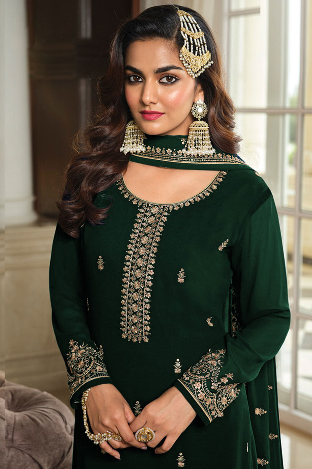 Excellent Georgette Fabric Green Color Palazzo Suit With Embroidered Work | Buy Online India