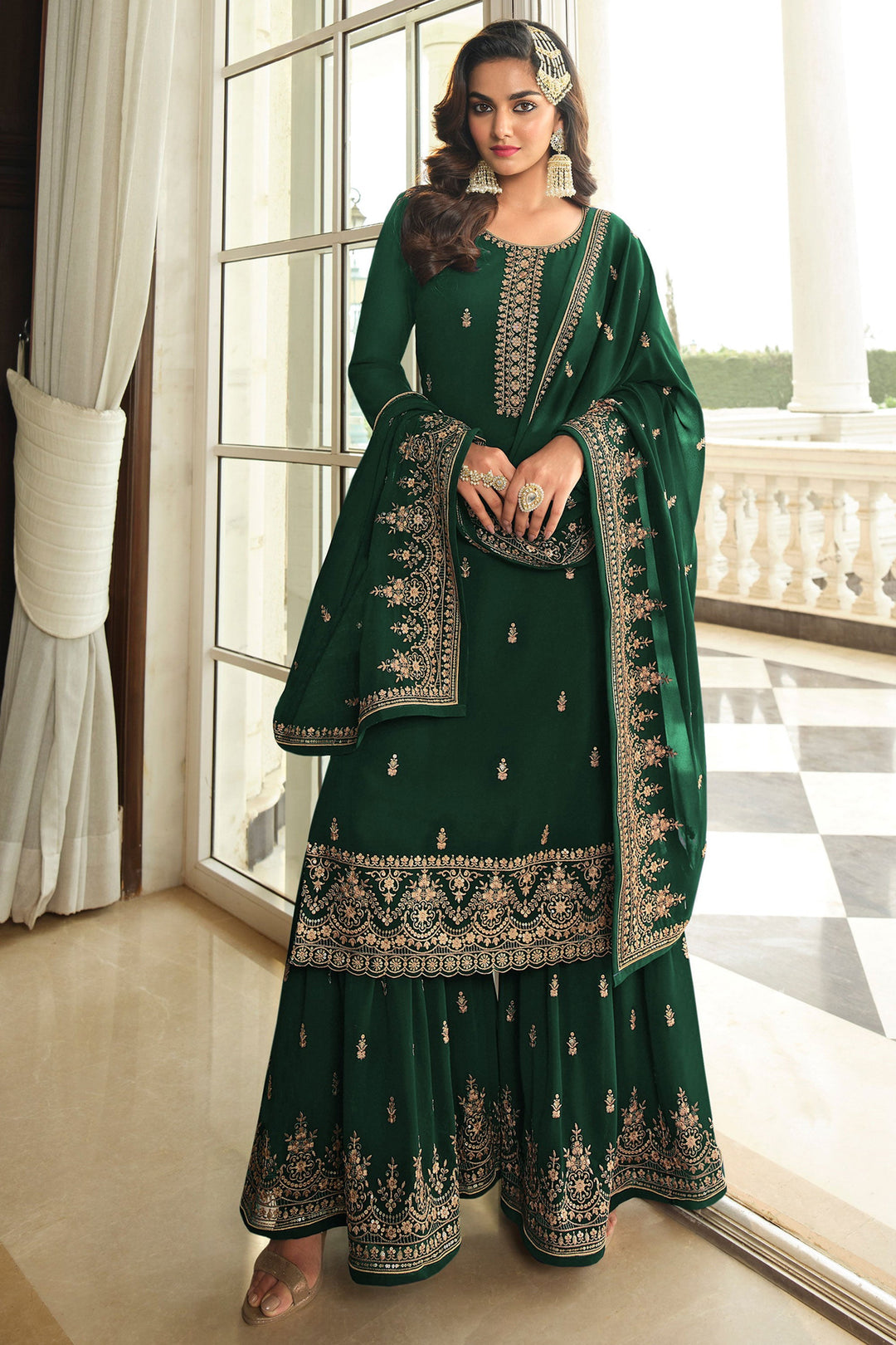 Excellent Georgette Fabric Green Color Palazzo Suit With Embroidered Work | Buy Online India