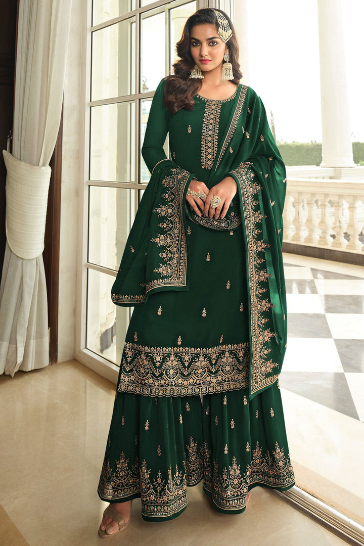 Excellent Georgette Fabric Green Color Palazzo Suit With Embroidered Work | Buy Online India
