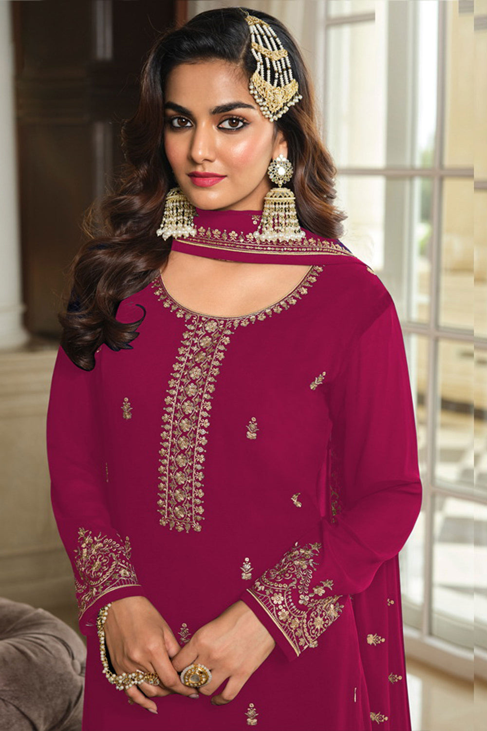 Rani Color Embroidered Work On Georgette Fabric Stunning Palazzo Suit | Buy Online India