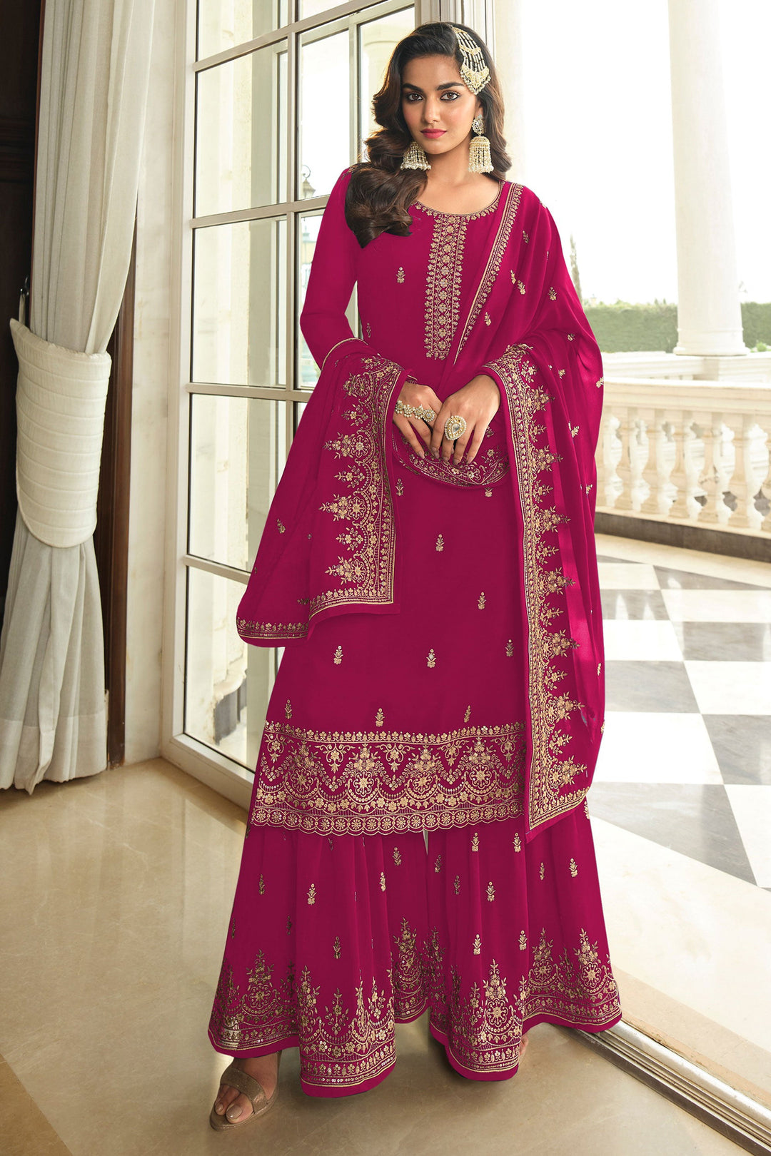 Rani Color Embroidered Work On Georgette Fabric Stunning Palazzo Suit | Buy Online India