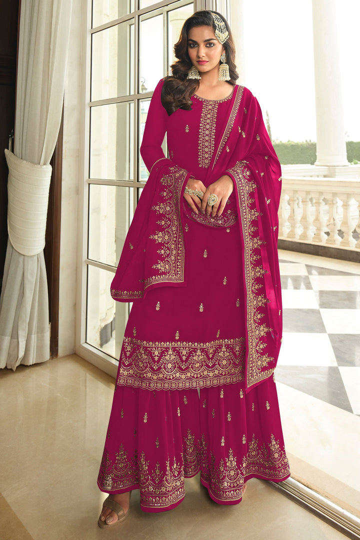 Rani Color Embroidered Work On Georgette Fabric Stunning Palazzo Suit | Buy Online India
