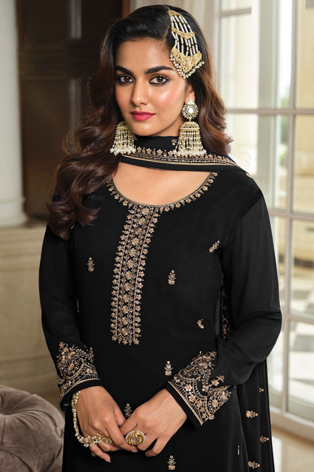Beguiling Embroidered Work On Black Color Georgette Fabric Palazzo Suit | Buy Online India